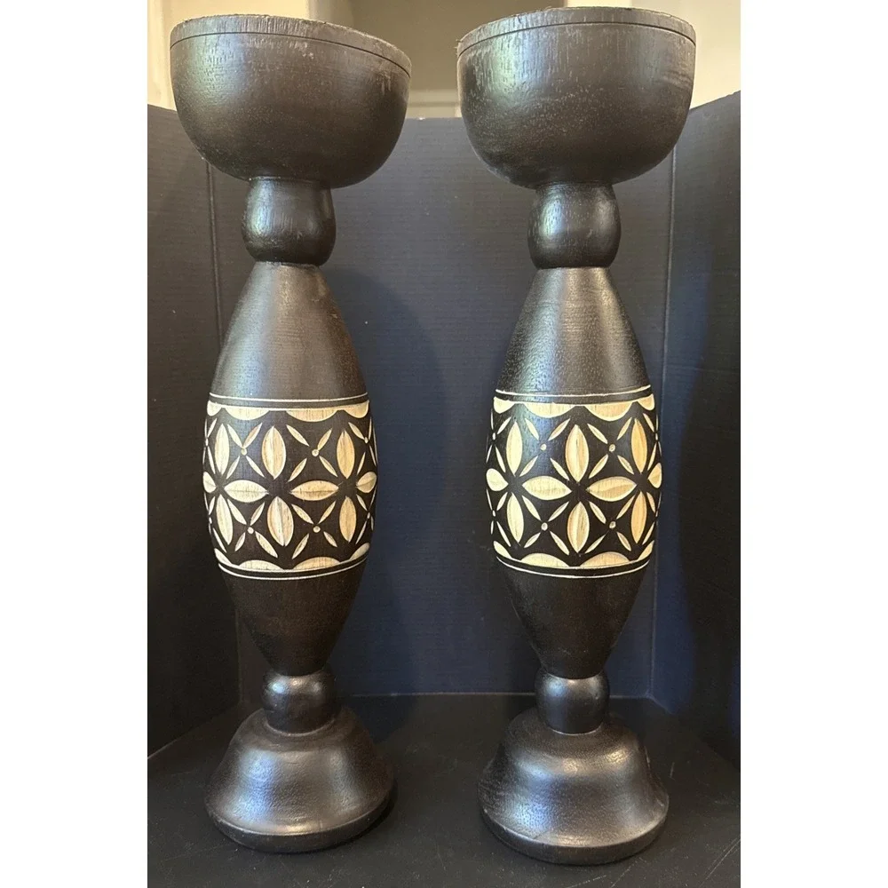 Pier 1 Dark‎ Brown Teak Wood Carved Pillar Candle Holder 16 Inch Tall Set Of 2